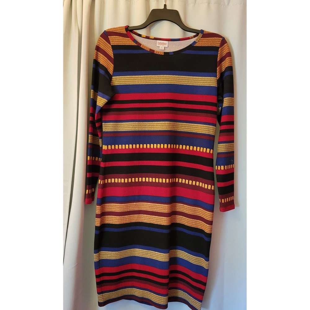 LuLaRoe Elegant Debbie Dress XL Multi-Color Metallic Stripe Long Sleeve Midi